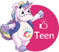 Unicorno gioioso con zaino e pollice in su su sfondo rosa.