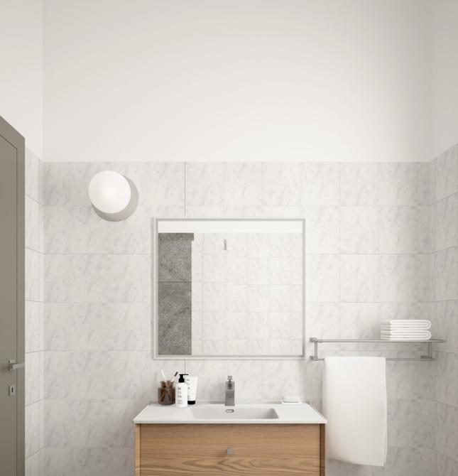 Modernes, minimalistisches Bad mit hellen Holzmöbeln und eleganten weißen Fliesen.