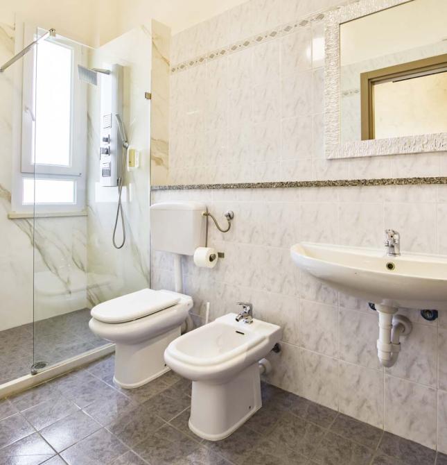 Helles Badezimmer mit moderner Dusche, Bidet und elegantem Spiegel.